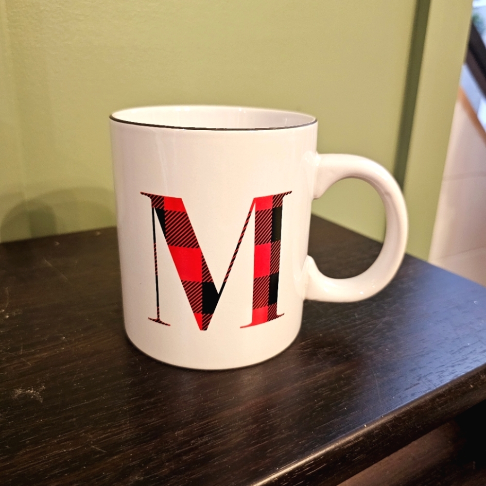 Holiday gift mug initial M red Buffalo Checkered 20oz